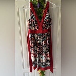 TRULLI Coral White Black Blue Tan Print Design satin feel Dress Womens size 10